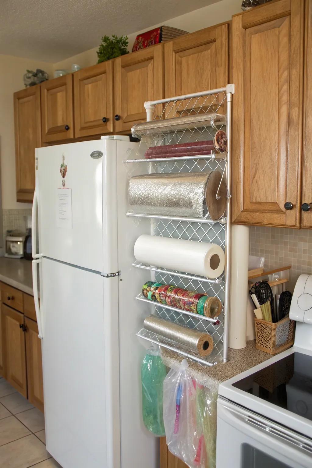 Hanging racks keep kitchen wraps organized and accessible.