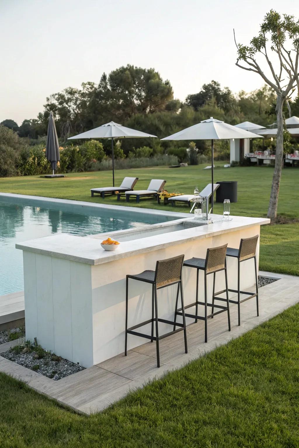 A simple bar design complements a modern poolside aesthetic.
