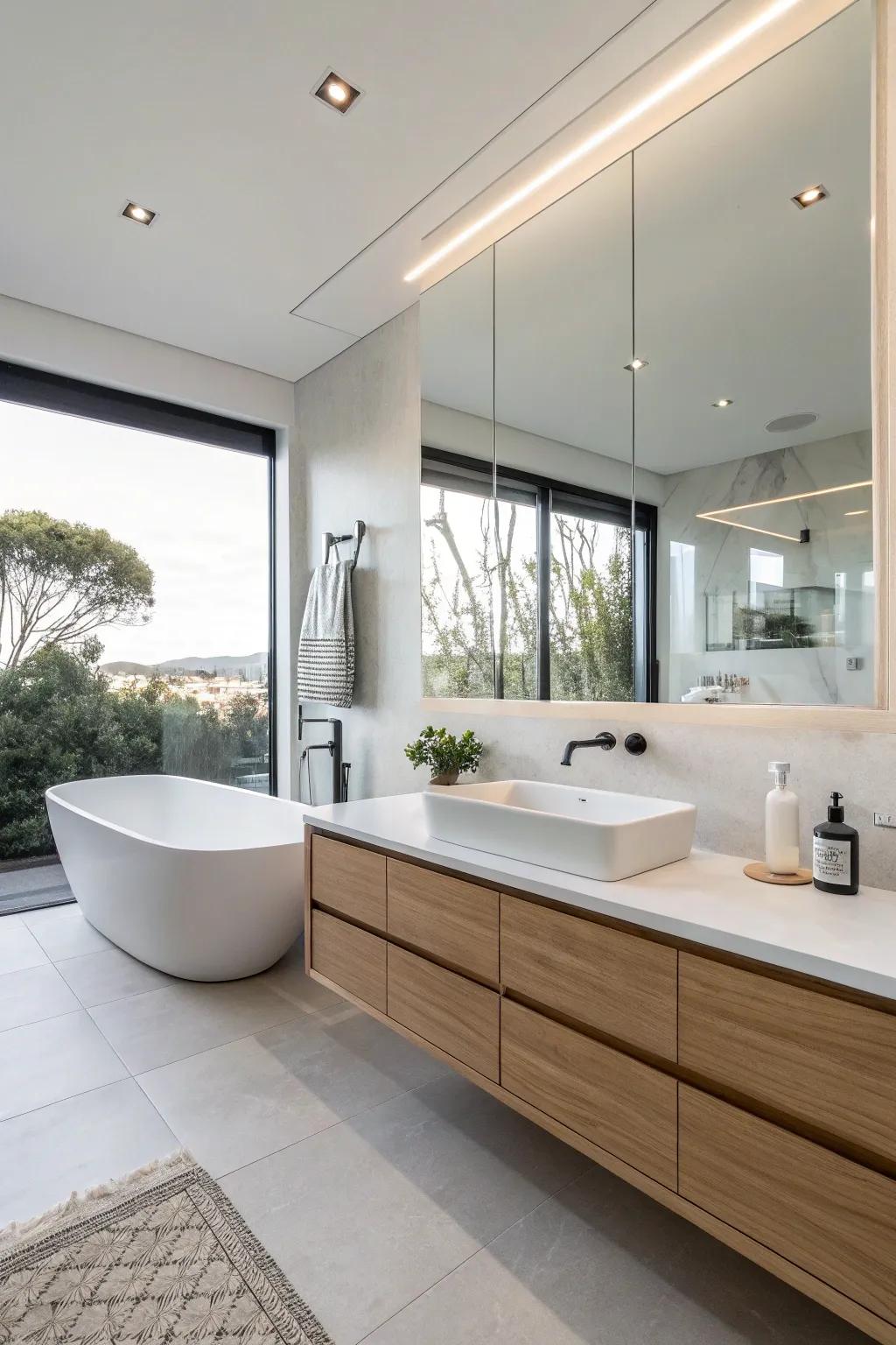 A drifting cosmetic counter furnishes a streamlined and modern visual aspect.