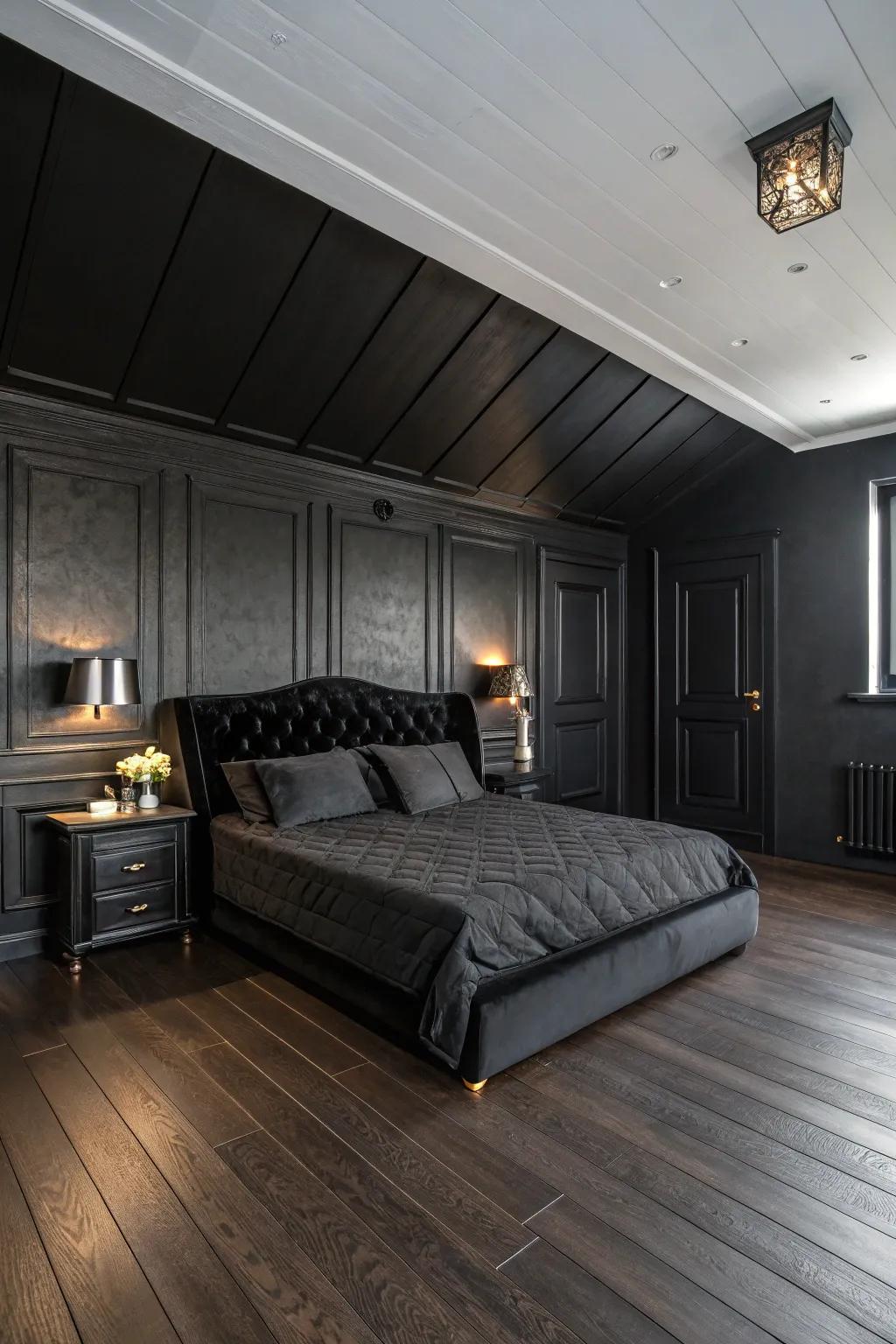 A dark-themed boudoir featuring dark-hued lumber flooring and furniture intended for additional warmth.