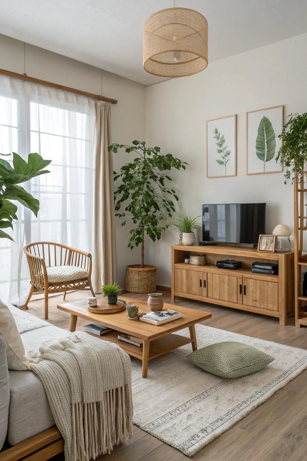 A serene living room showcasing Japandi style.