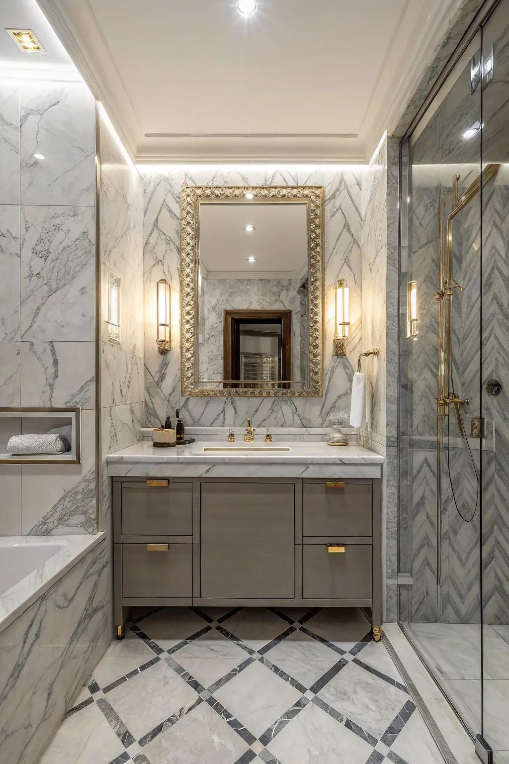 Stone-patterned tiles infuse elegance and opulence.