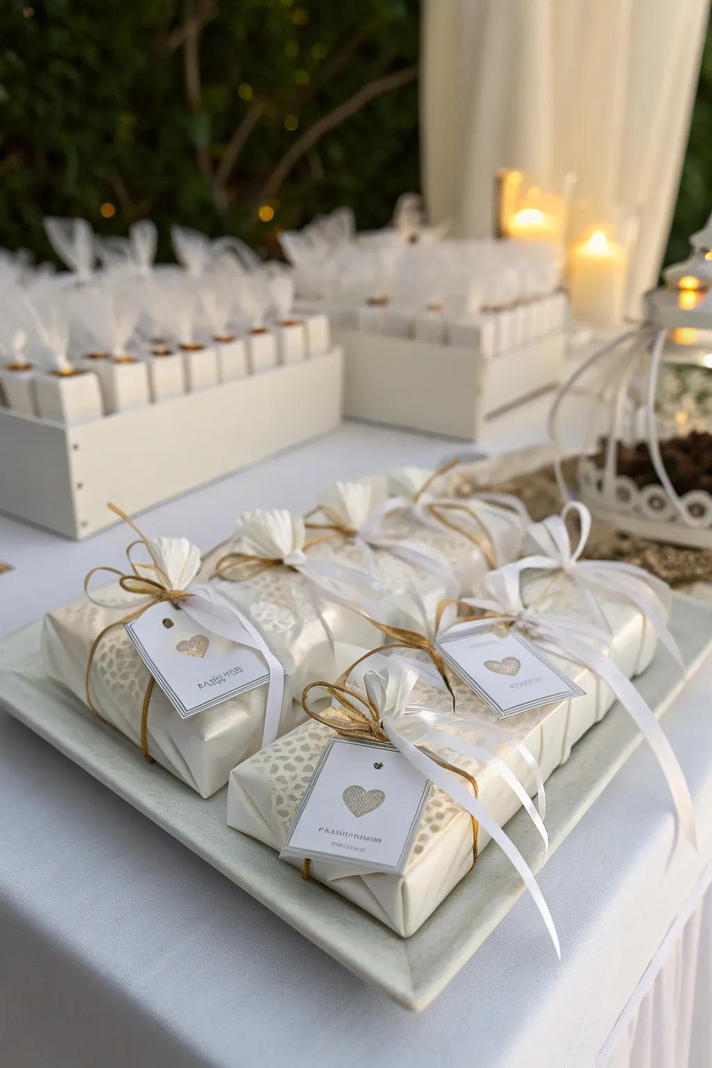 Ivory-themed celebration favors deliver a heartfelt farewell to attendees.