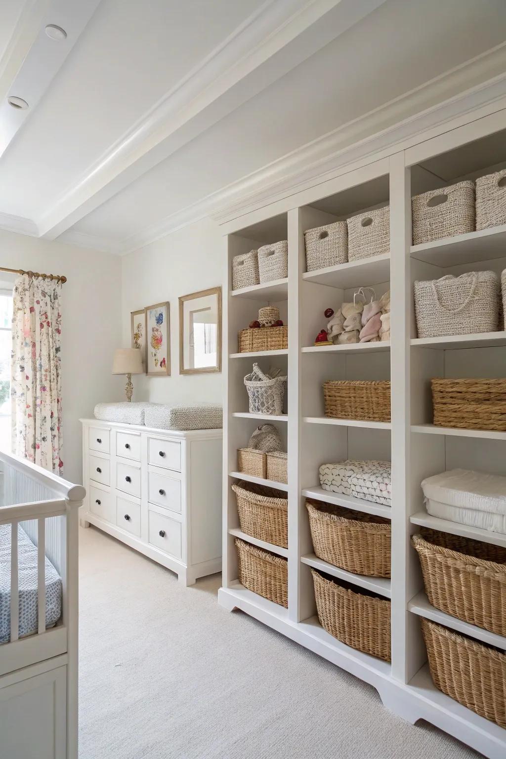 A white nursery is kept organized and clutter-free with smart storage solutions.