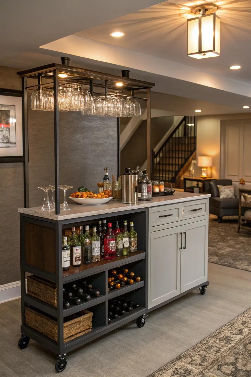 A mobile drink cart adds flexibility to this bar.