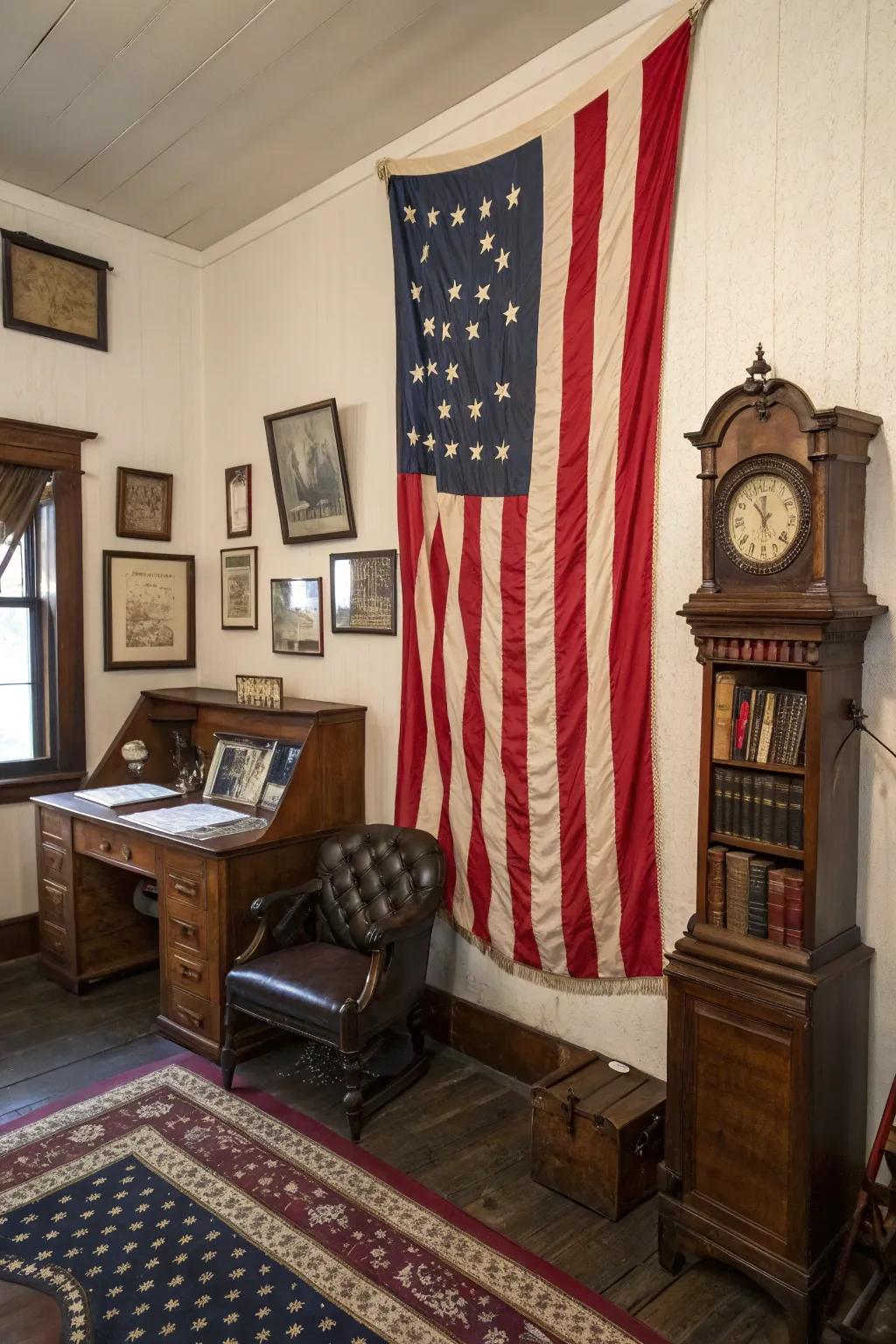 An aged flag display enhances nostalgia and allure.