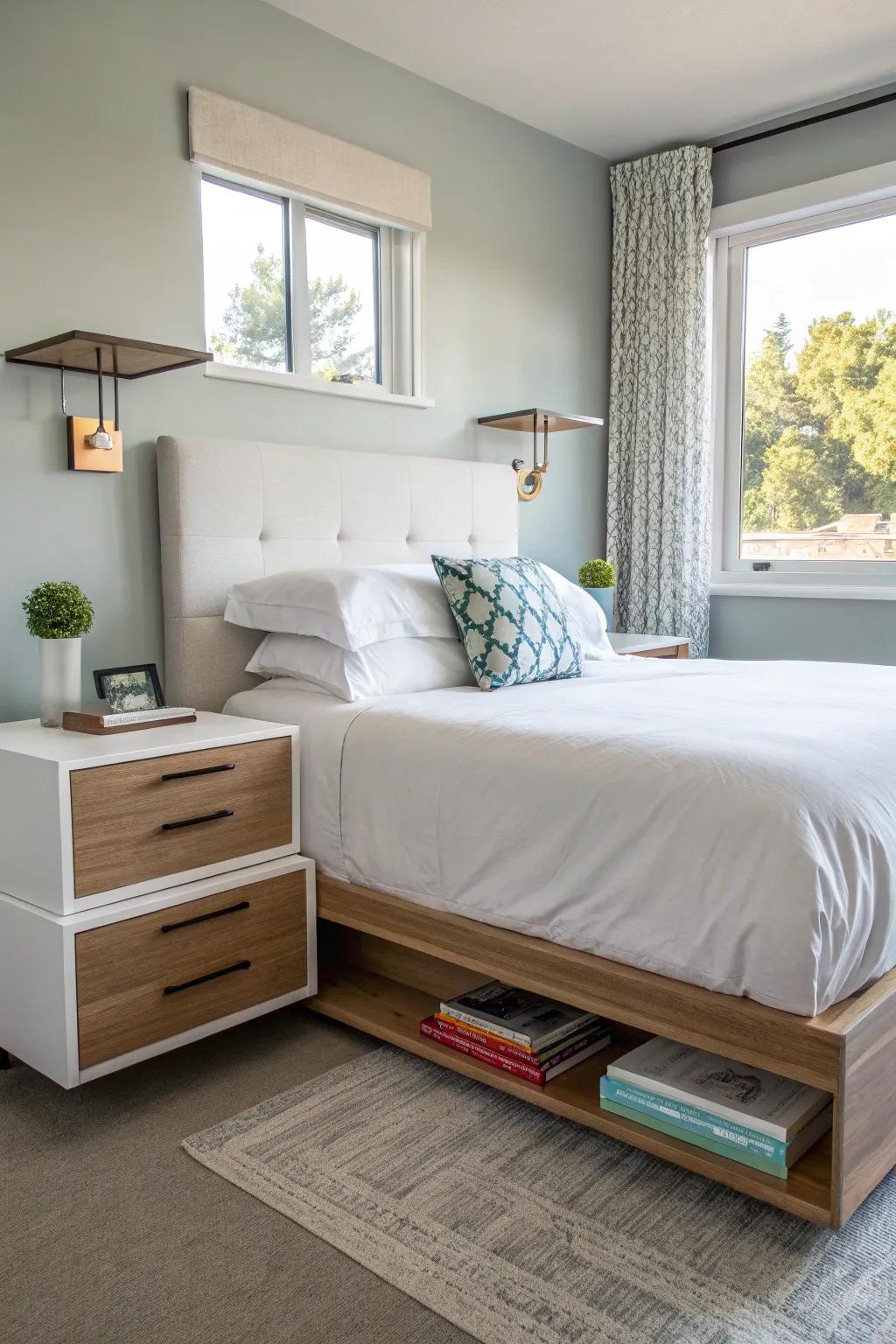 An apartment bedroom featuring modern wall-mounted bedside tables for a streamlined look.
