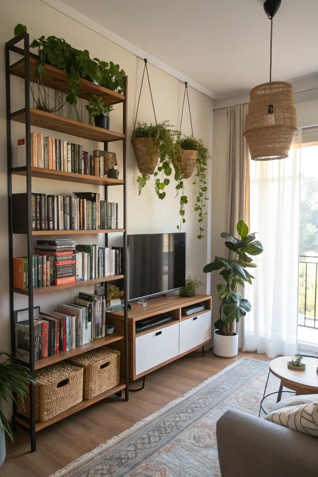 This stylish living area has maximized storage options through using wall space.