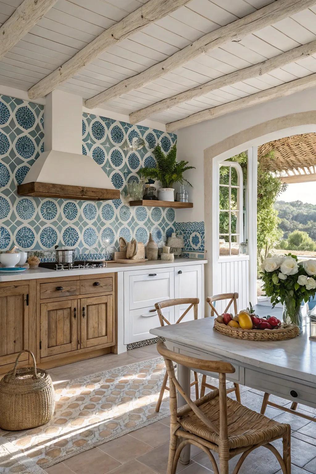 A Mediterranean-inspired kitchen showcases serene blue arabesque tiles.