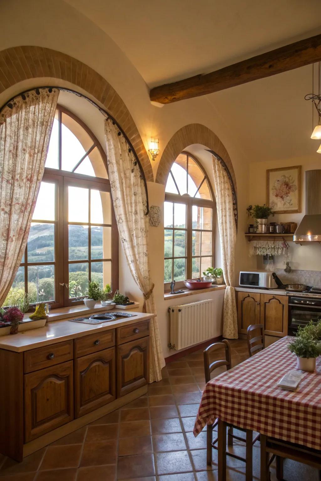 A snug culinary space showcases café-esque curtains on arched windows.