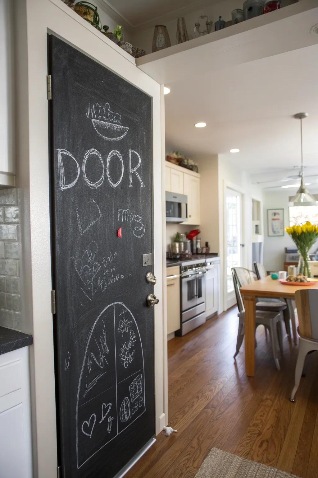 A chalkboard-painted door that serves as a creative and practical note-taking area.