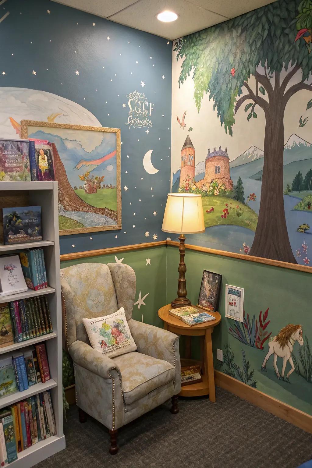 Whimsical art sparks wonder and inventiveness within the reading space.