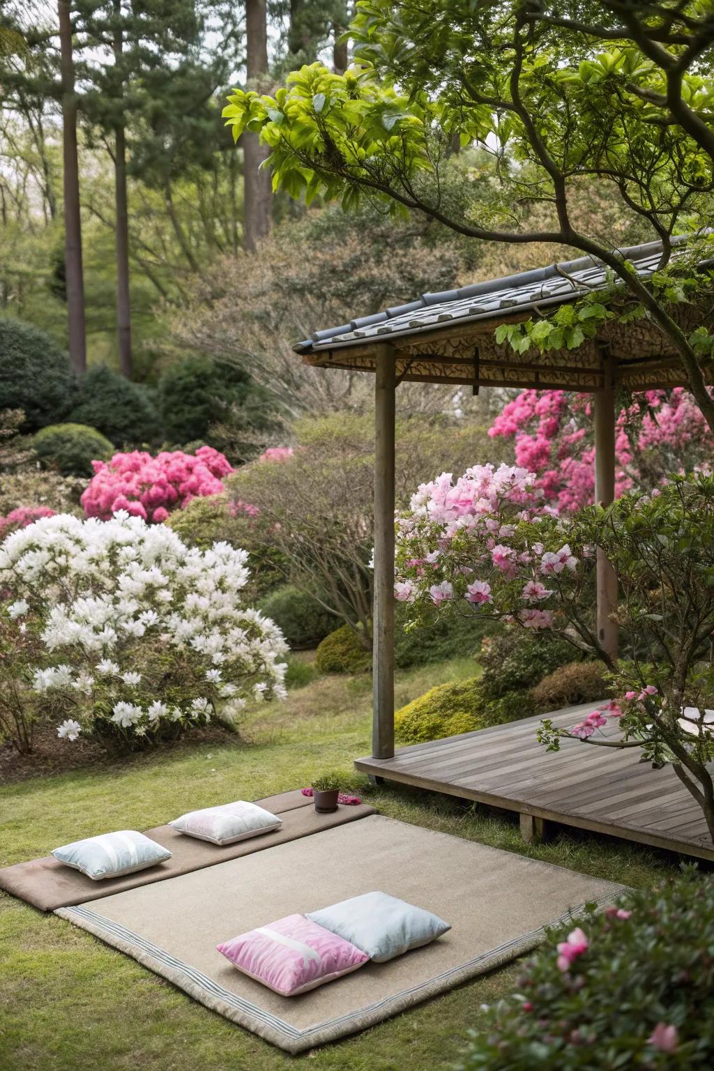 A serene contemplation expanse encircled by pacifying azaleas.
