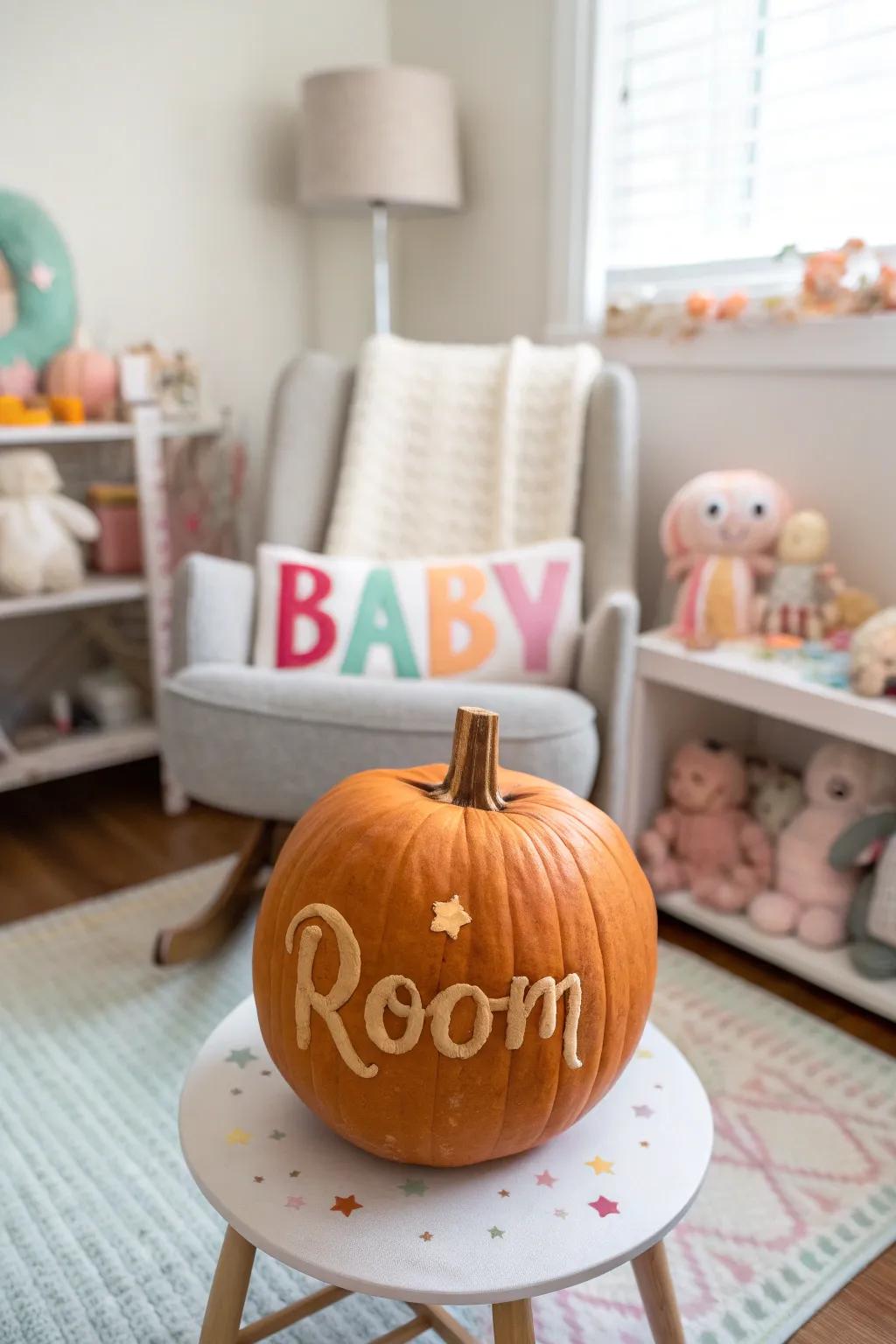 A pumpkin name plaque adds a personalized touch.