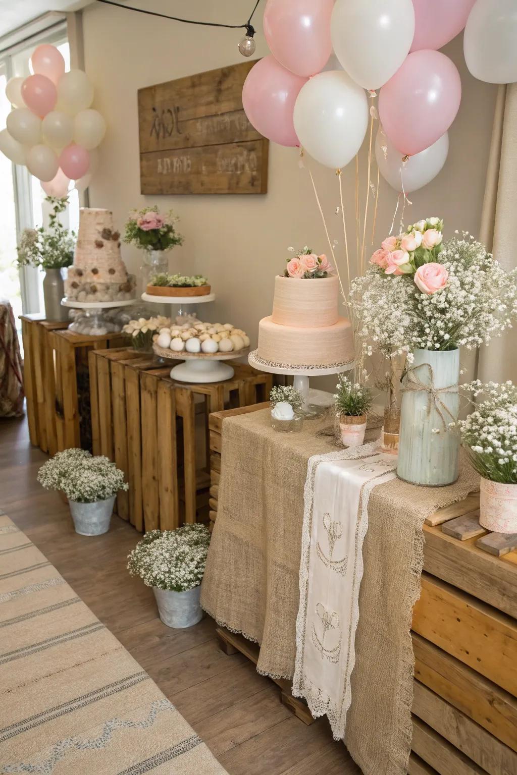 Unrefined elegant decor with burlap runners and wooden features fashions a snug atmosphere.