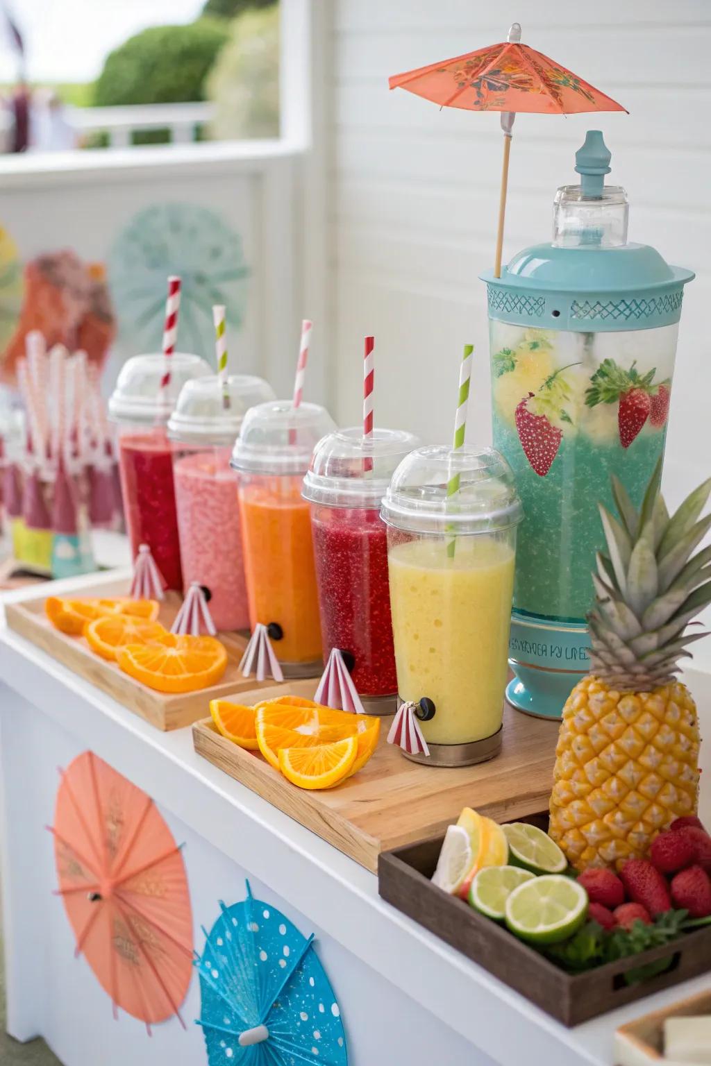 A themed refreshment station with colorful mocktails.