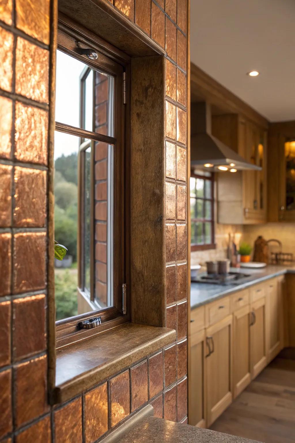 Copper metal panels adding sparkle around a kitchen window.