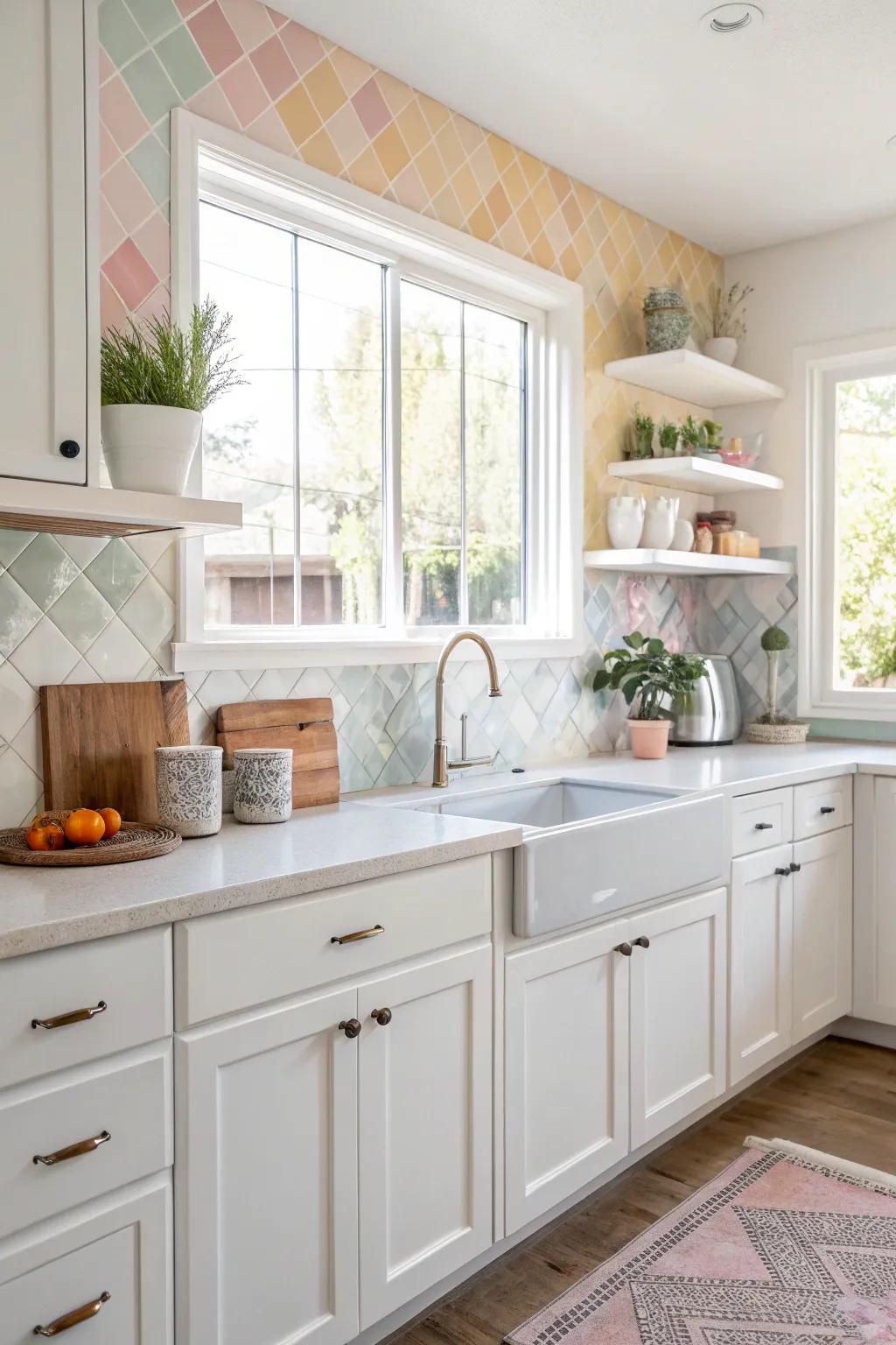 Softener panels foster a relaxing ambiance in this white kitchen.