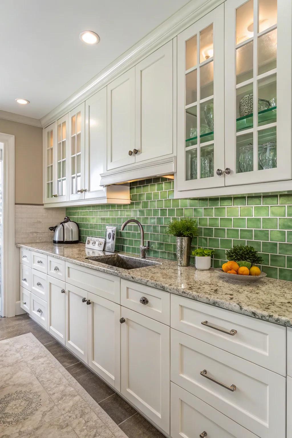 Nature-inspired verdant tones introduce a pristine and calming component to the cooking area.