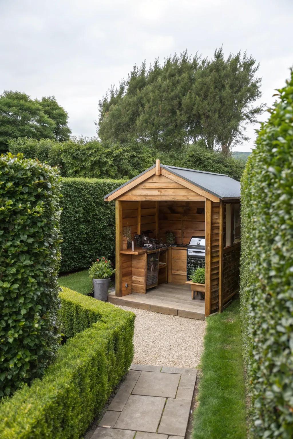 A remote oasis with a BBQ shed and also personal privacy displays.