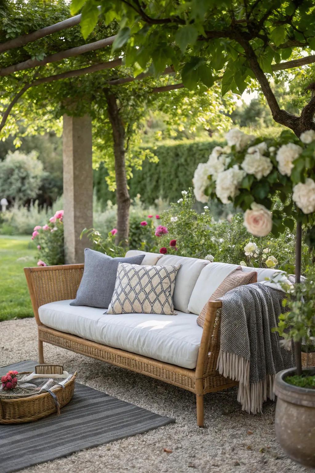 Layered surfaces add depth and interest to outdoor couches.