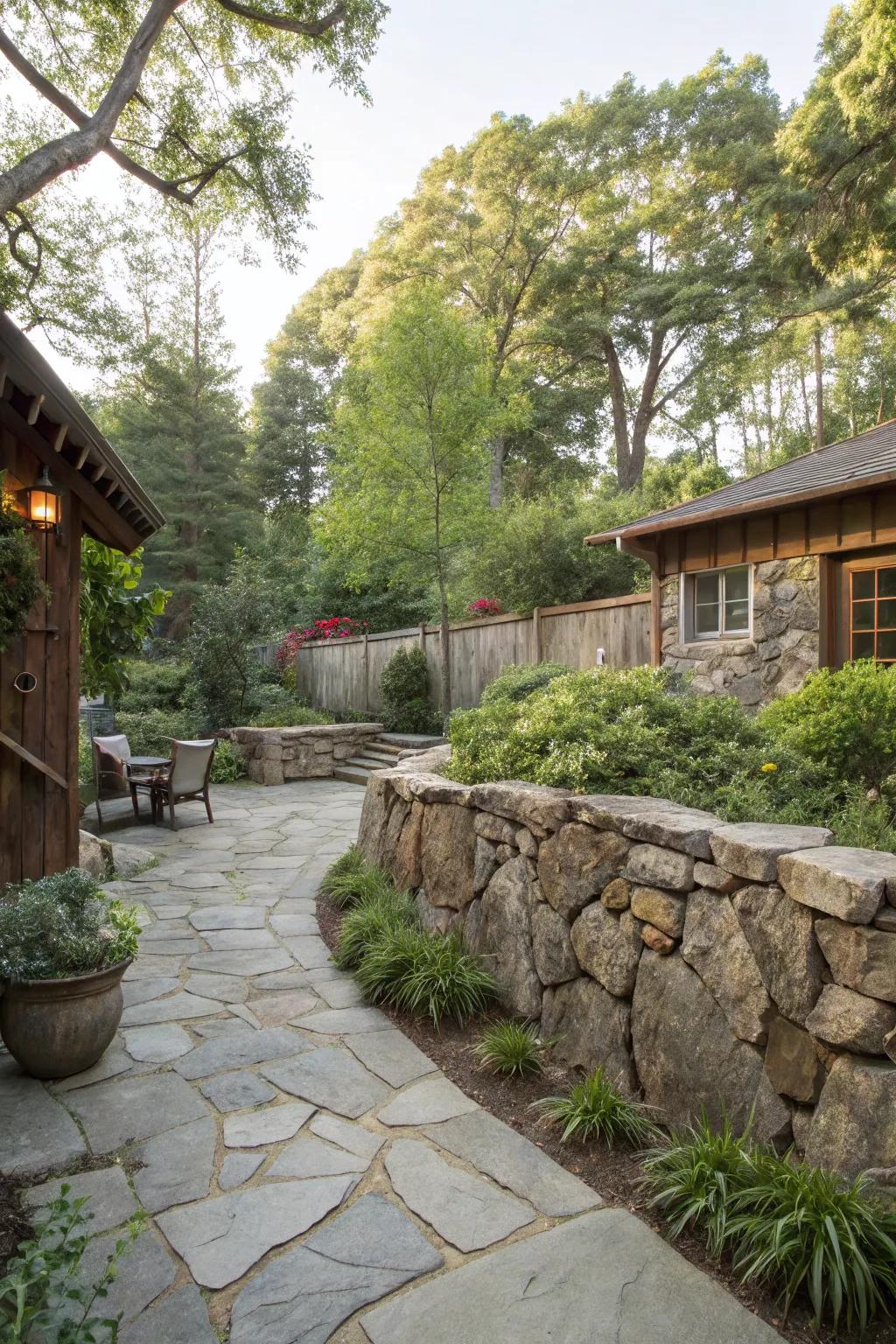 A natural stone wall adds rustic charm and privacy.