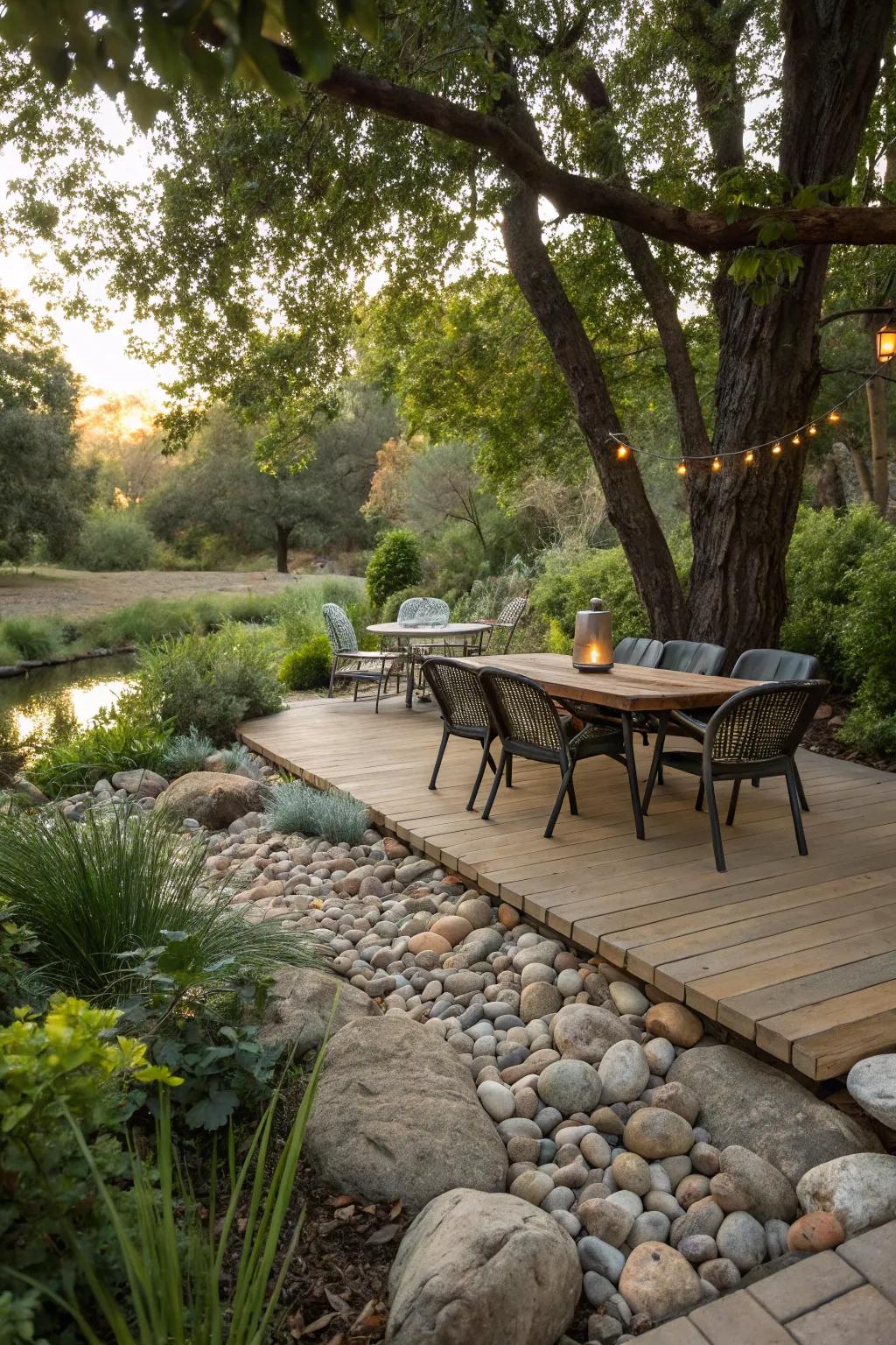River rocks enhance the natural flow of outdoor spaces.