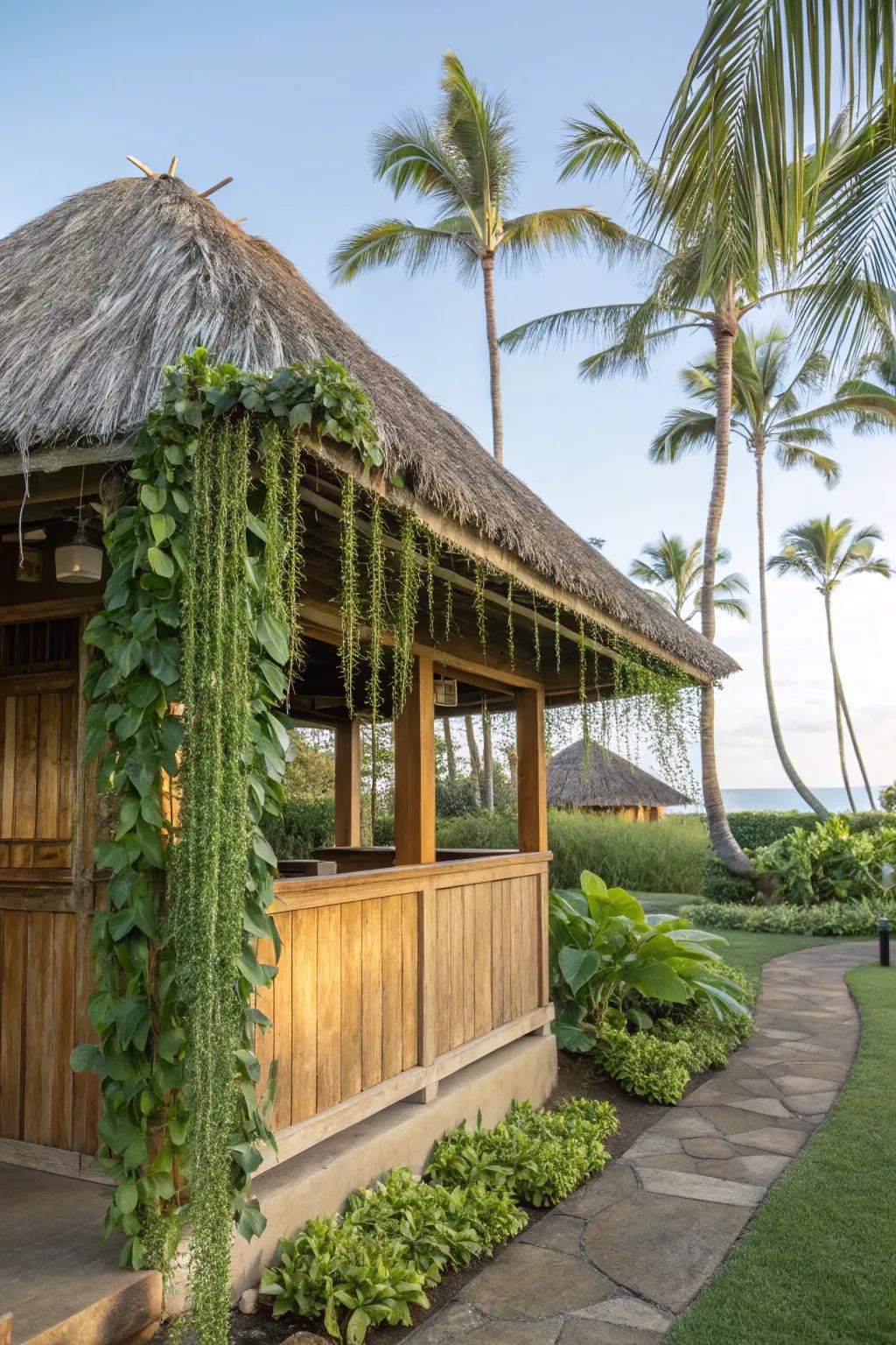 Elevated plants bring greenery and a natural feel to your tiki retreat.