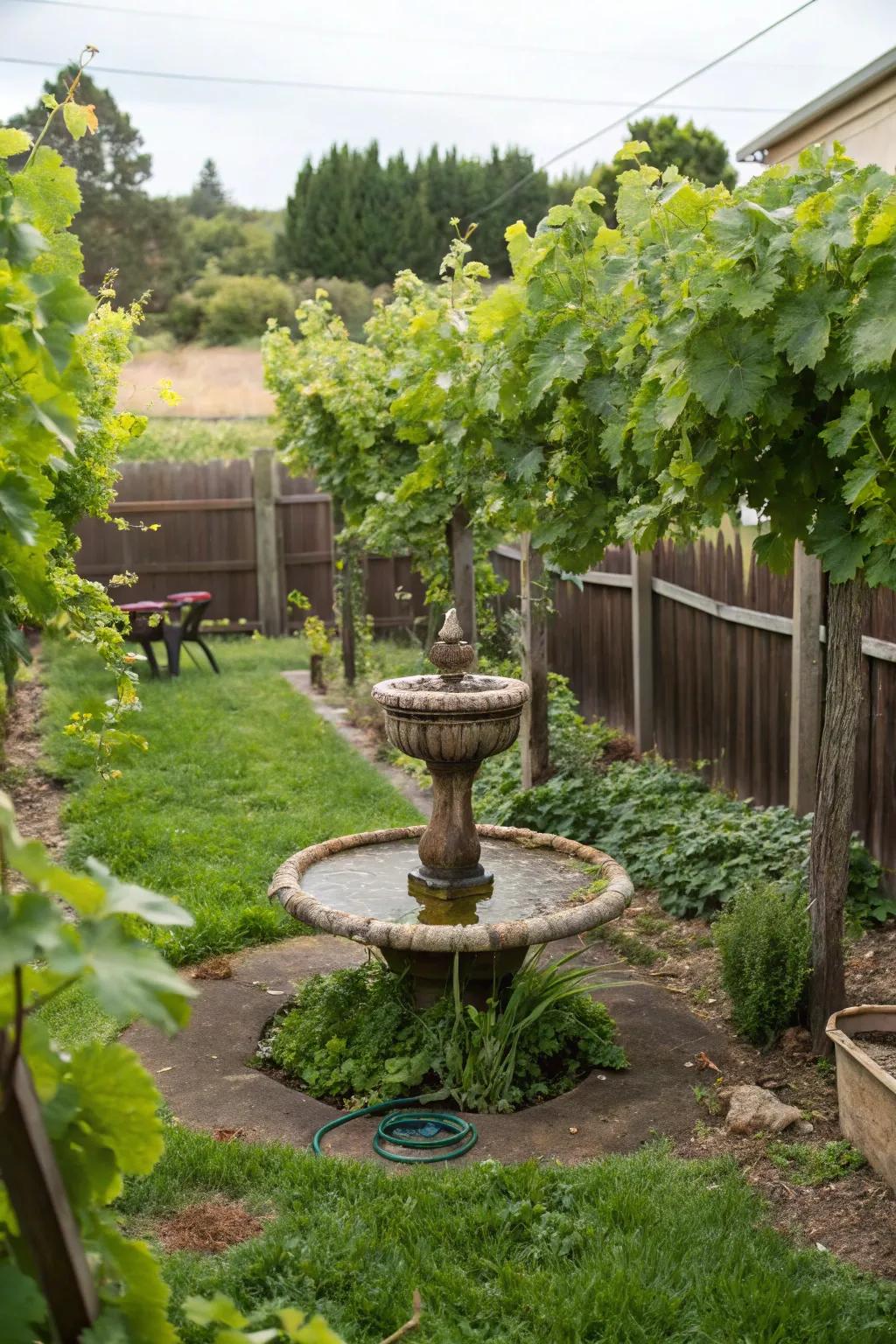 A water feature amplifies the vineyard's calm ambiance.