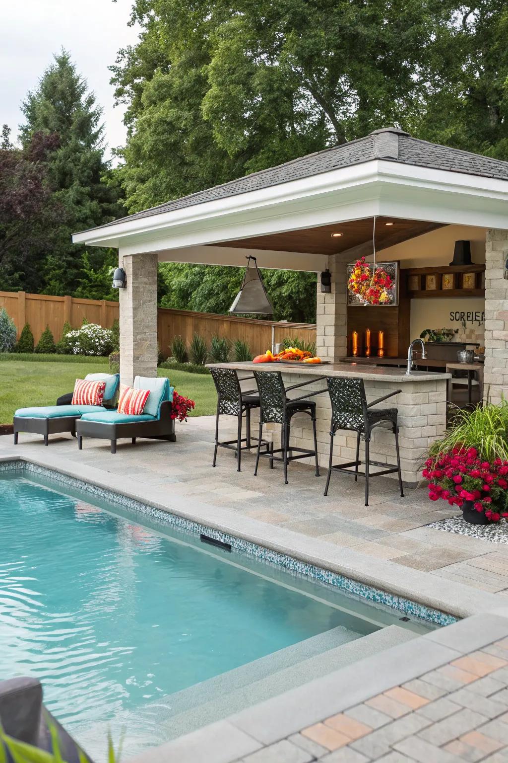 A poolside counter elevates your backyard hosting.
