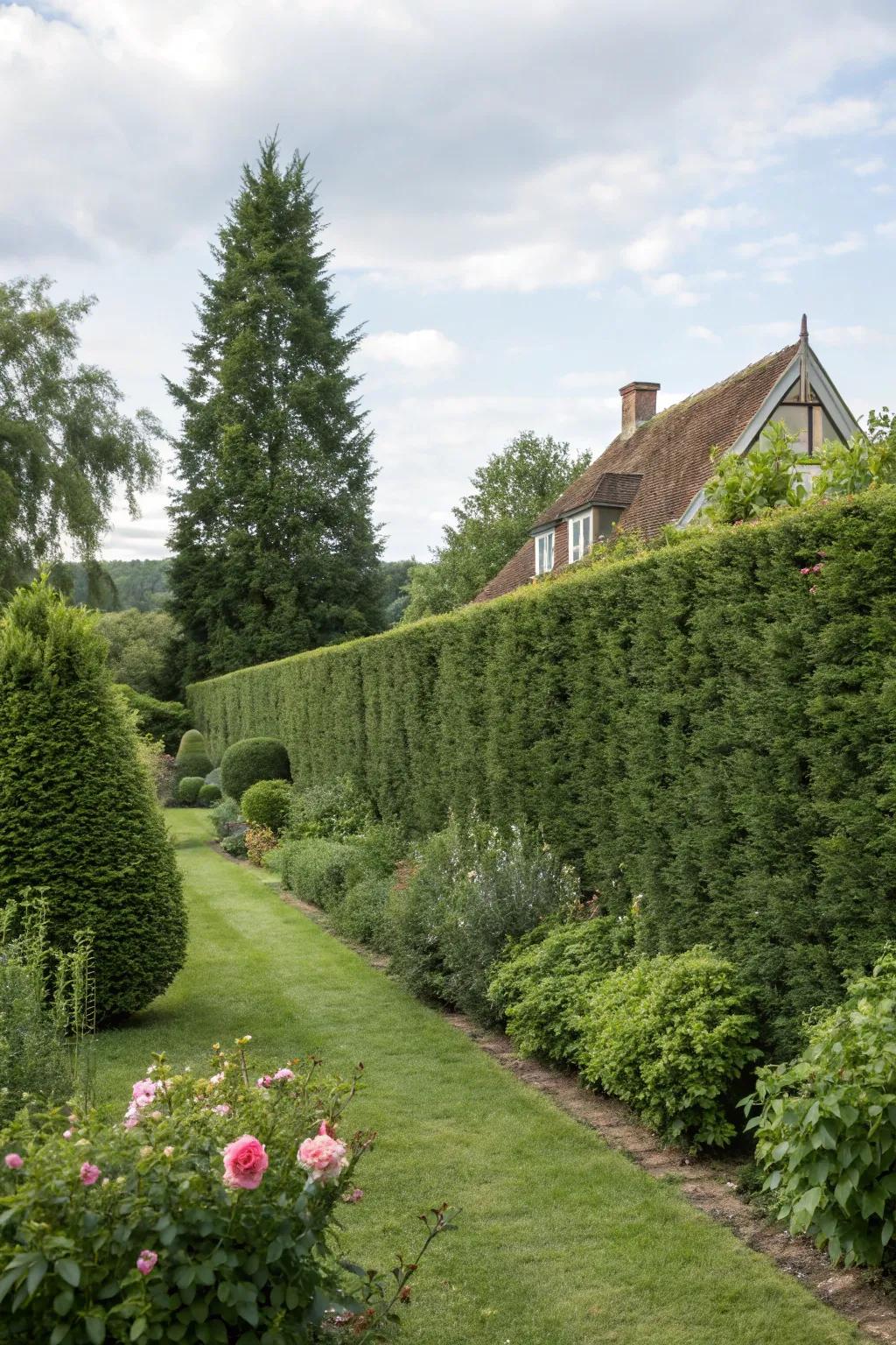 Persistent shrubs form a lush, year-round privacy hedge.