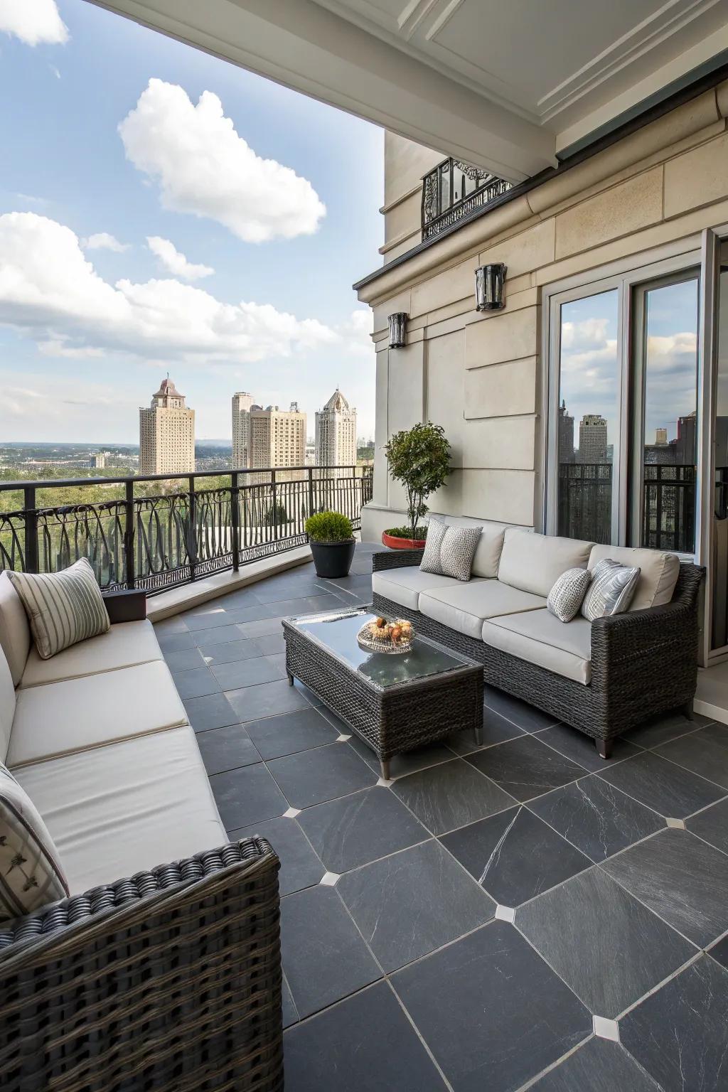 Slate floors deliver sophistication and elegance, adding a luxurious touch to your balcony.