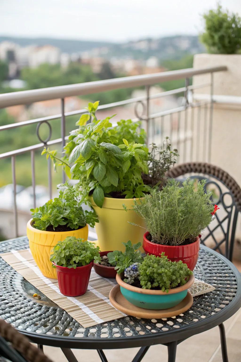 A table centerpiece filled with herbs is both pretty and useful.