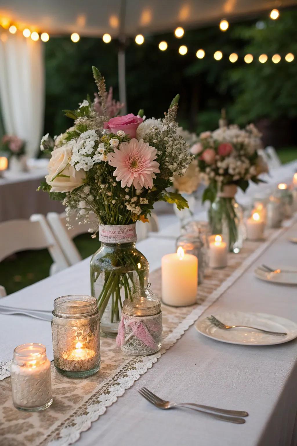 Country wedding decor utilizing preserving jars contributes beauty to parties.