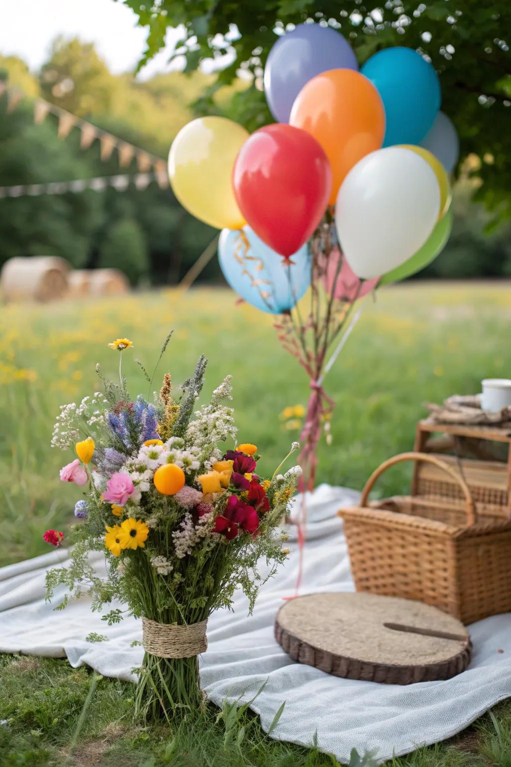 A rustic balloon bouquet that adds a natural touch to outdoor gatherings.