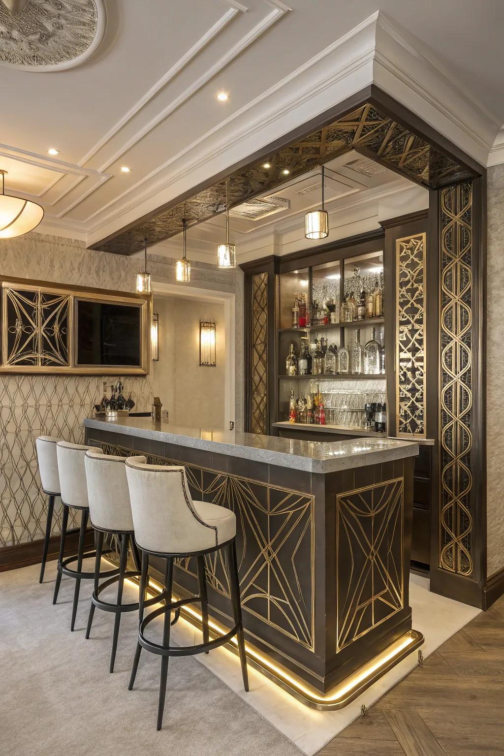 Art Deco features contribute ageless glamour to your bar design.