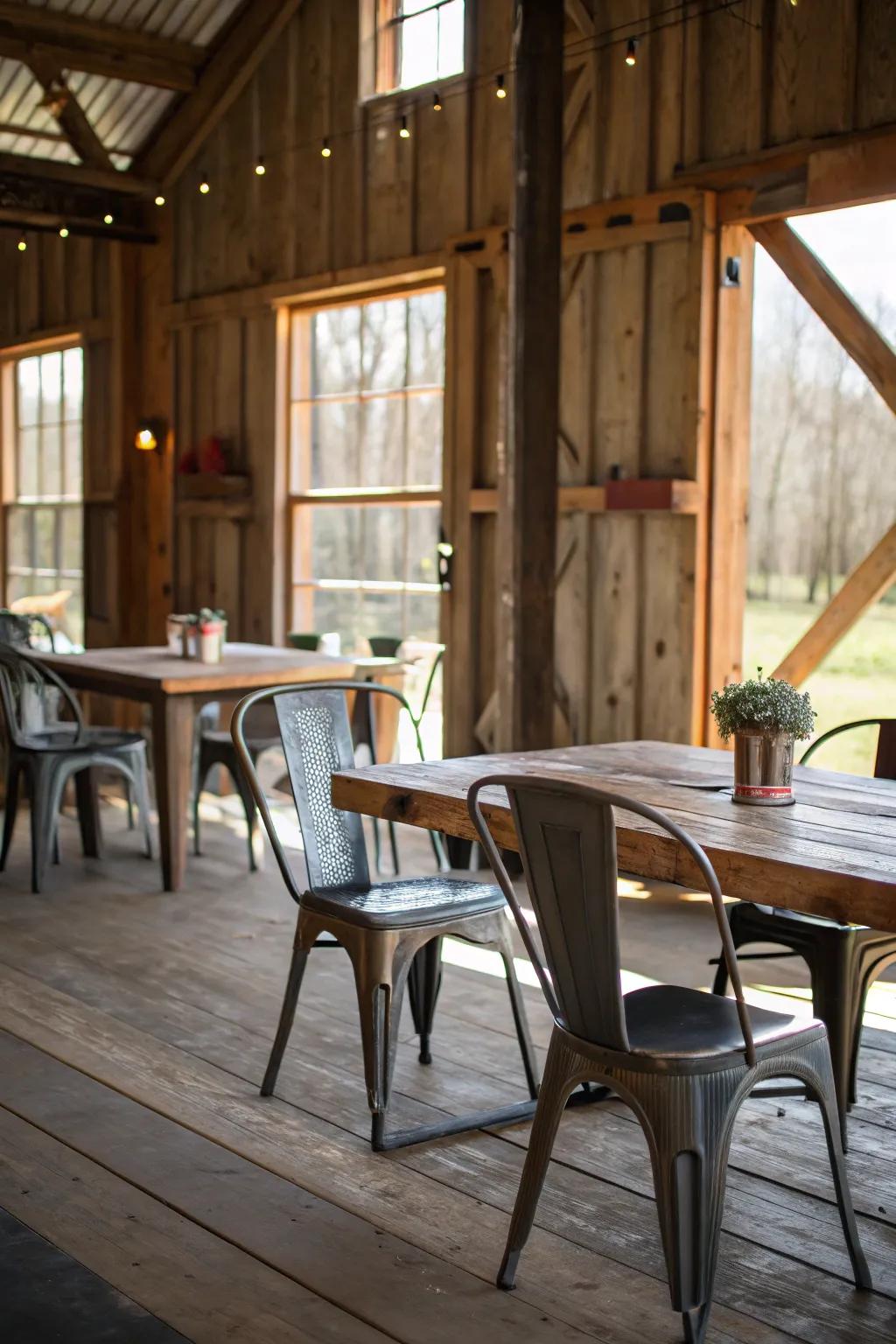 Contemporary and rustic elements conjure striking contrasts.