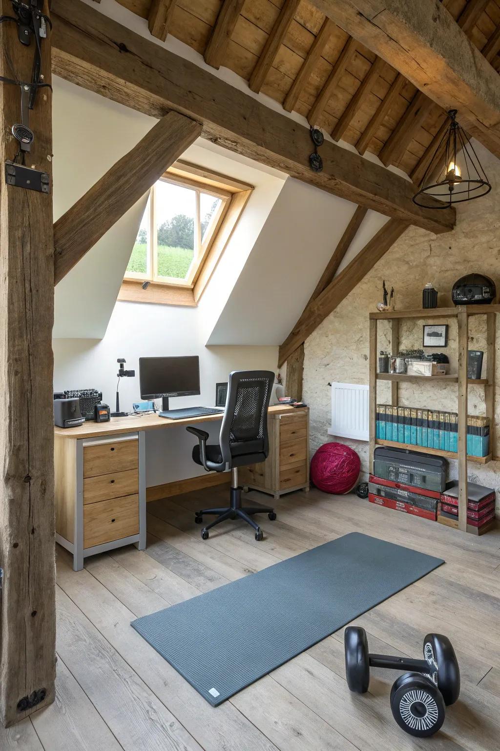An adaptive space serving as both an office and a workout area.