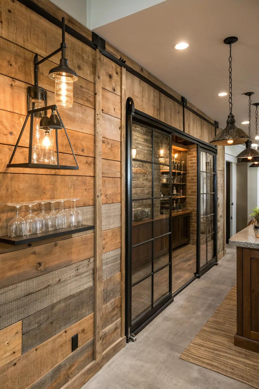 Integrate country-style wood with elegant materials to attain a contemporary detail.