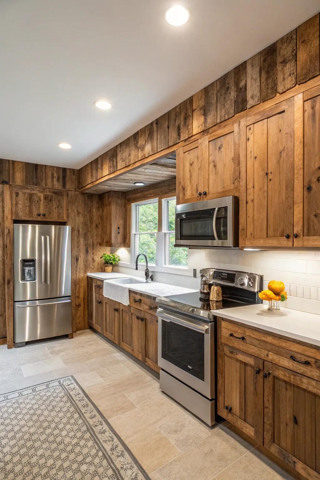 Countryside barnwood wainscoting enhancing a kitchen.