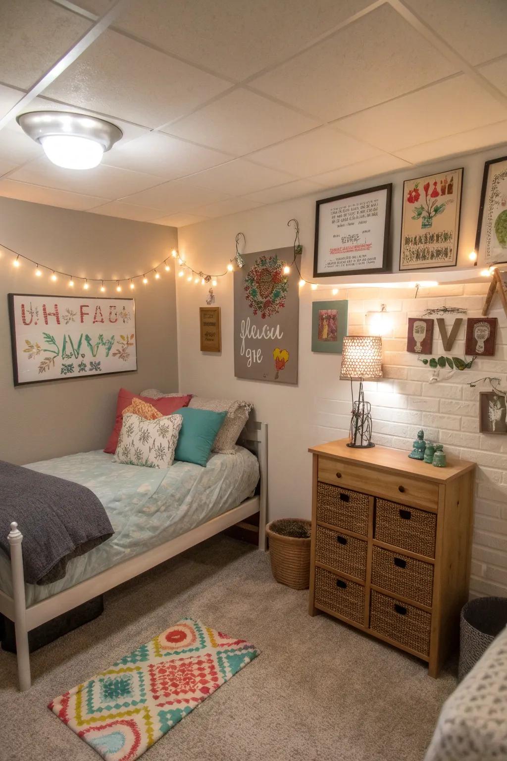 DIY ornamentation ventures inject a personalized nuance into this basement bedroom.