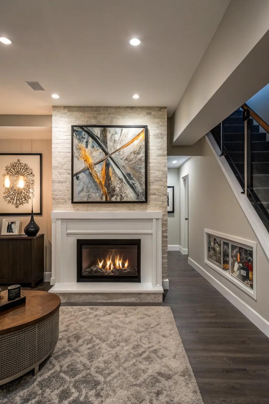 Art above the fireplace adds a striking focal point.