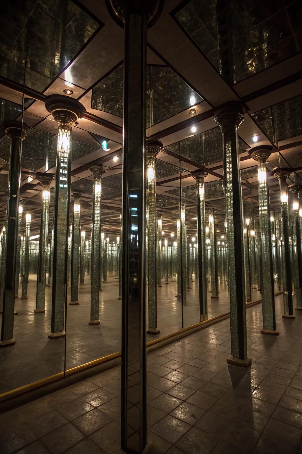Mirrored posts reflect light and make a sense of spaciousness.
