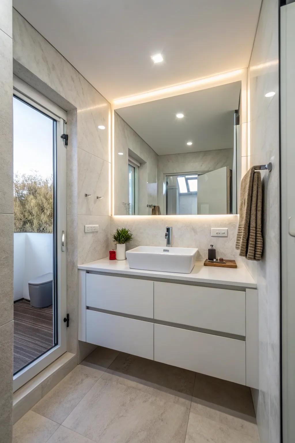 Hovering countertops enhance spatial perception.