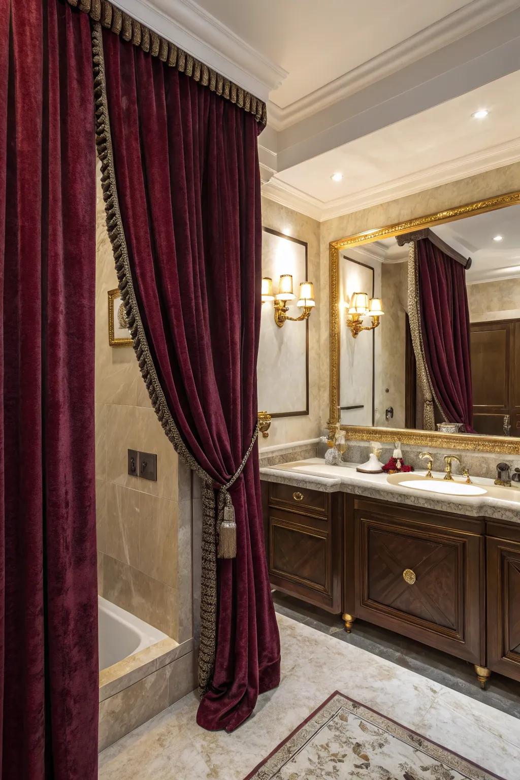 Velvet coverings convey opulence and luxury to your washroom.