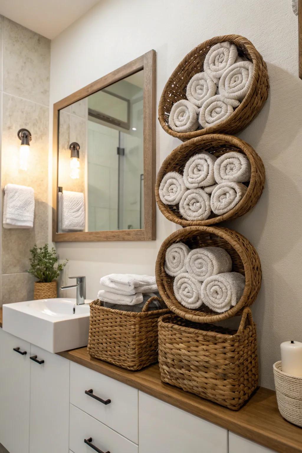 Affixed baskets offer an artistic and practical towel display.