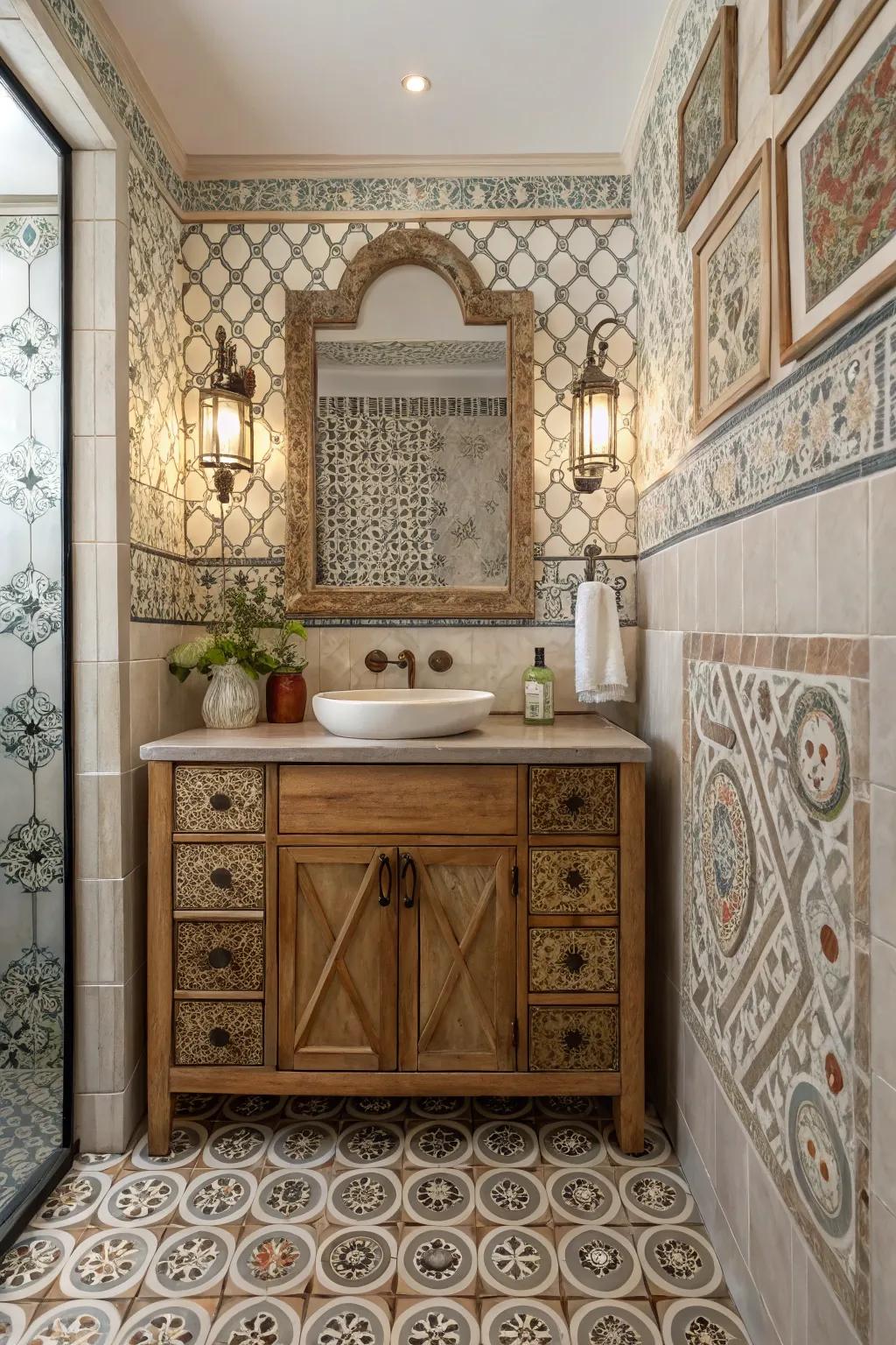 A lavatory arrangement that shines with personalized handmade features.