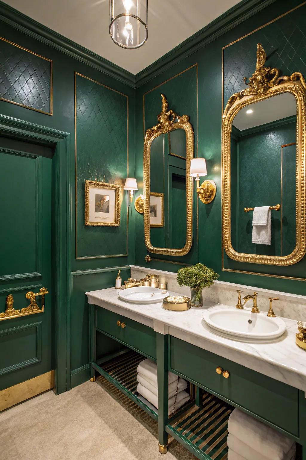 Emerald green walls contribute a vibrant and luxurious touch to the bathroom.