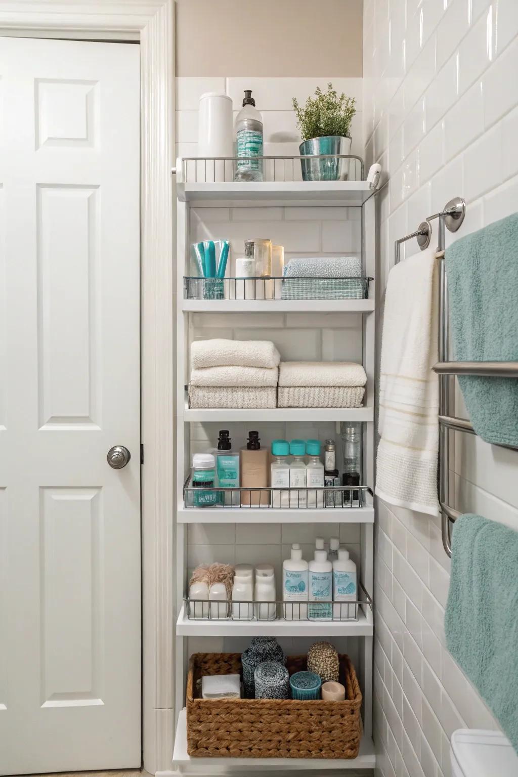 Over-the-door shelving optimizes unused space.