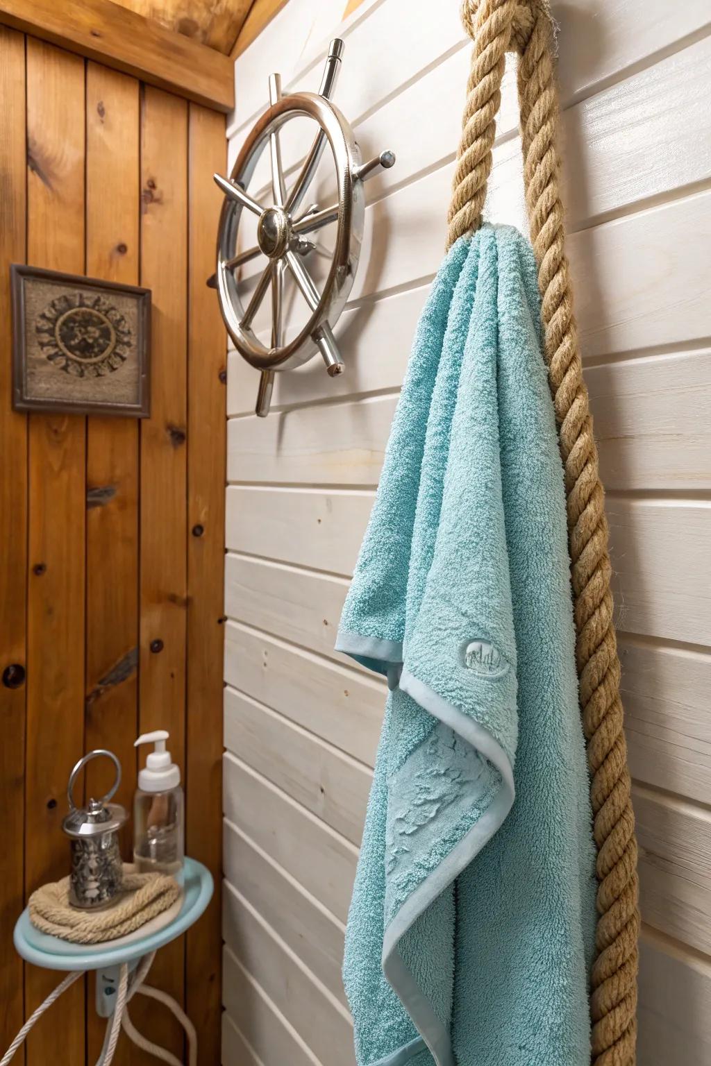 Bring coastal charm with a towel rope twist.